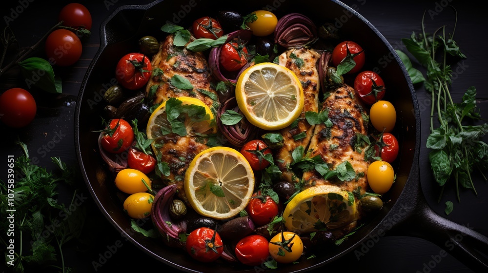 Poster crispy grilled fish with colorful vegetables and lemon in a rustic skillet. generative ai
