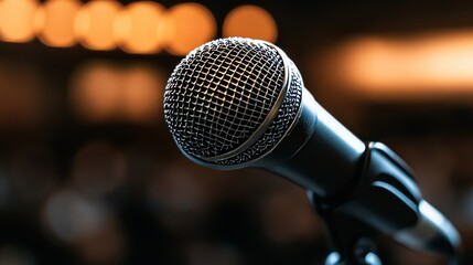Obraz premium Microphone on stand at lower left of image, close-up with audience blurred in the background, creating a dynamic atmosphere of the event.