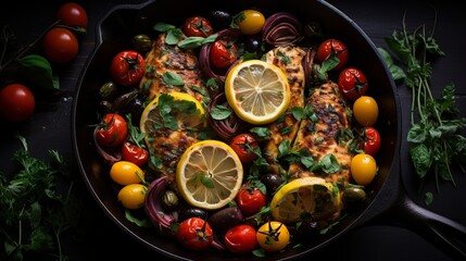Crispy grilled fish with colorful vegetables and lemon in a rustic skillet. Generative AI