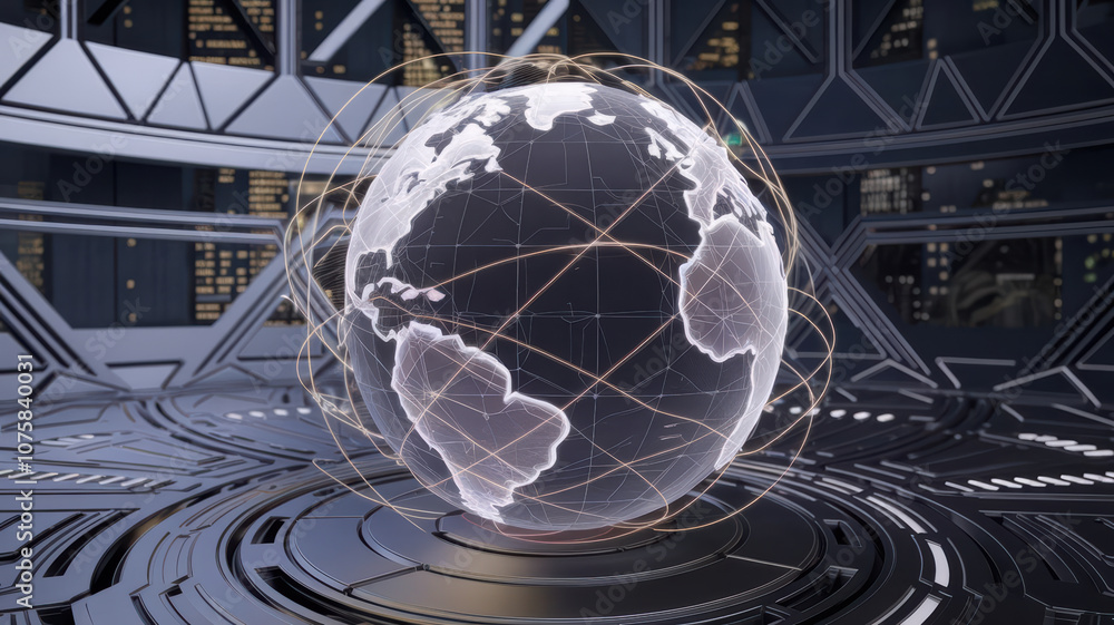 Poster digital globe with holographic connections, showcasing global networks and technology. futuristic de