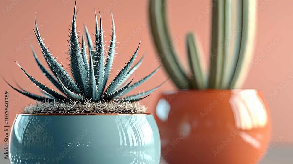 Poster a vibrant display of a succulent and a cactus in colorful pots, adding a touch of greenery and moder