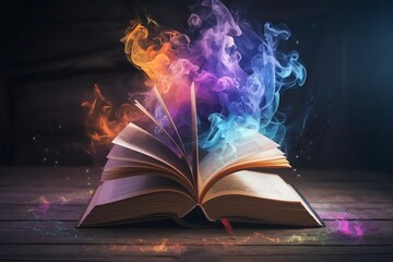 An open book on a wooden desk, with Holi powder splattered across the surface, set against a dark background.The concept that new ideas make life brighter