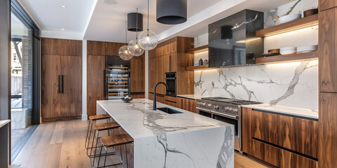 Stylish Kitchen with a Spacious Marble Island and Cabinets