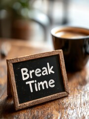 Cozy Coffee Scene Featuring a 'Break Time' Sign on a Wooden Table Surrounded by a Black Mug, Perfect for Relaxation and Leisure Moments