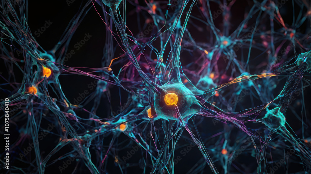 Poster futuristic neural network with pulsing nodes, showcasing vibrant colors and intricate connections. t