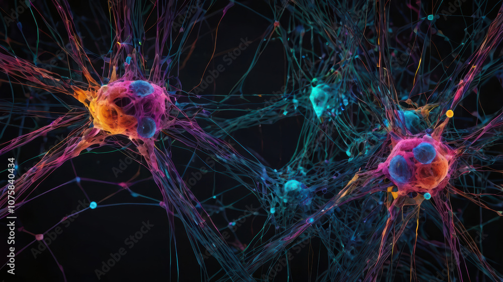 Poster futuristic neural network with pulsing nodes, showcasing vibrant colors and intricate connections. t