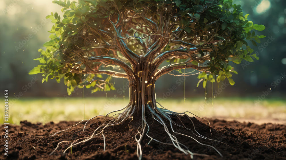 Poster futuristic tree with digital circuits in soil, symbolizing technology and nature. intricate roots an