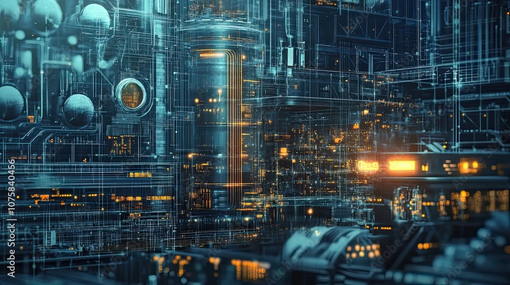 Poster abstract digital cityscape with glowing lines and structures