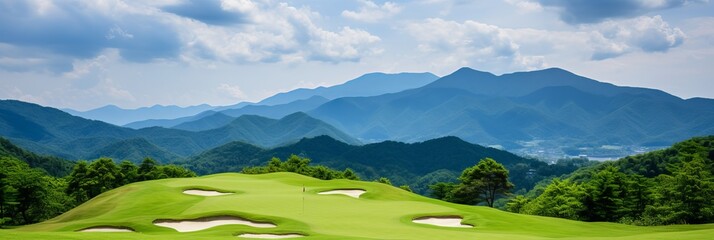 Scenic golf course with rolling hills and mountains under a cloudy sky in summer. Generative AI