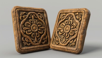 Two intricately carved stone tiles with floral patterns, isolated on a white background.
