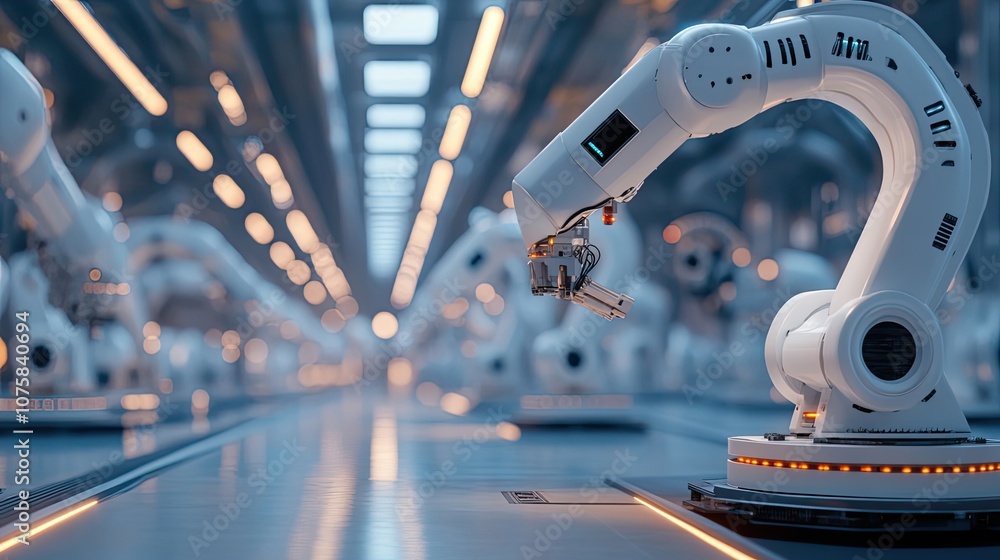 Poster a row of industrial robotic arms in a modern factory setting