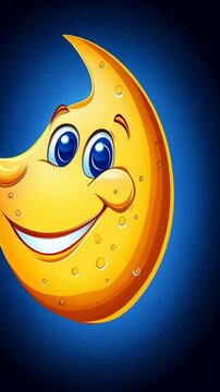 A cartoon crescent moon smiles brightly against a dark blue sky