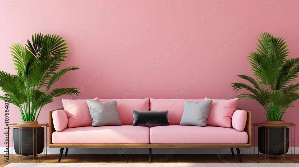 Poster stylish pink sofa adorned with pillows and surrounded by greenery in a modern setting. generative ai
