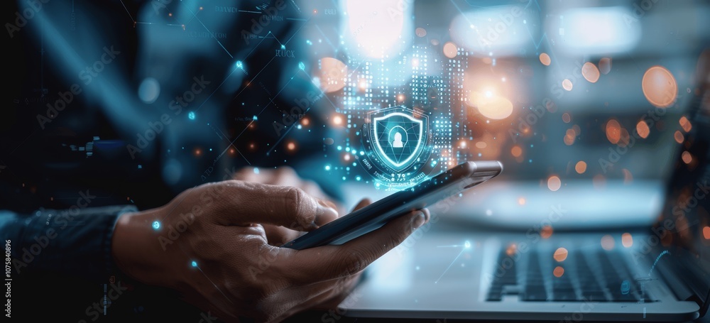 Poster cybersecurity data protection user with mobile phone and laptop privacy security data encryption sec