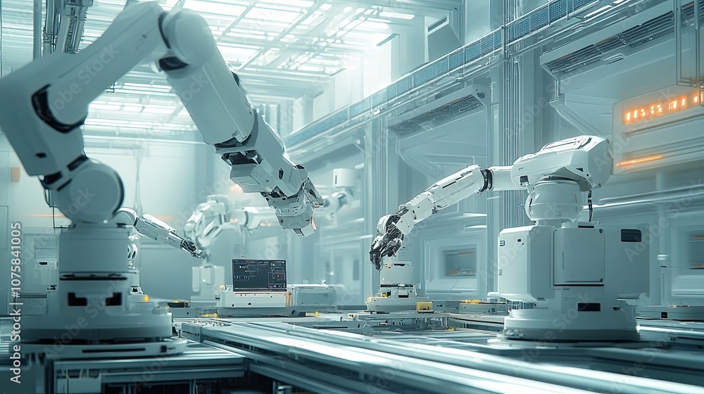 Poster industrial robots working on assembly line in a factory