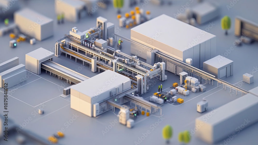 Poster a 3d model of an automated factory with conveyor belts