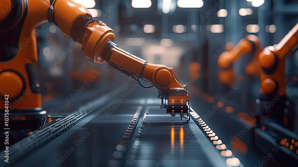 Poster orange robotic arm working on an assembly line in a factory