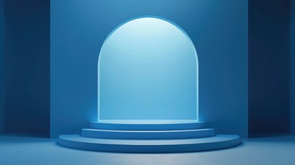 Fototapeta premium Abstract Minimalist Blue Room with Arched Window and Steps