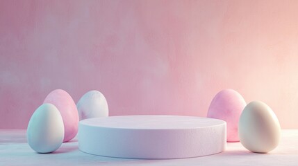 Fototapeta premium White Round Pedestal with Pastel Easter Eggs on a Pink Background