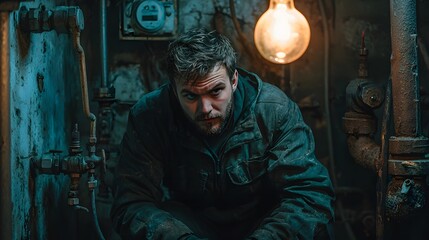 A Focused Technician Repairs Equipment in a Dimly Lit Industrial Space
