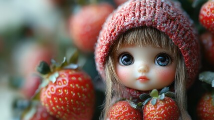 Fototapeta premium A cute doll with big blue eyes wearing a red hat surrounded by fresh strawberries.