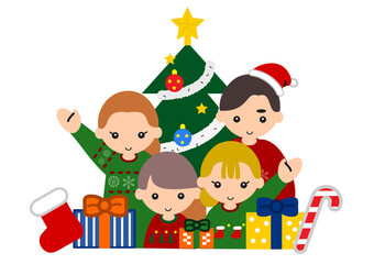 クリスマスツリーの前のプレゼントに囲まれた四人家族