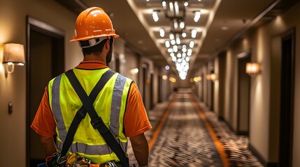 Construction Worker Inspects Hotel Corridor for Safety and Maintenance Improvements