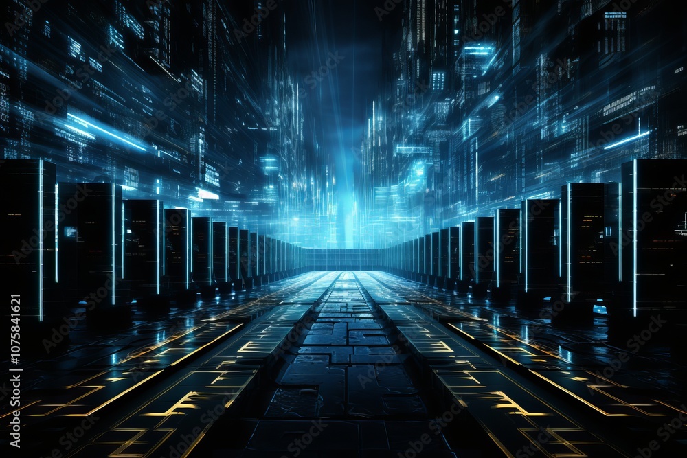 Poster a futuristic data center illuminated by neon lights and technology at night. generative ai