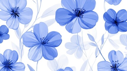 A seamless design featuring blue flowers in various shapes