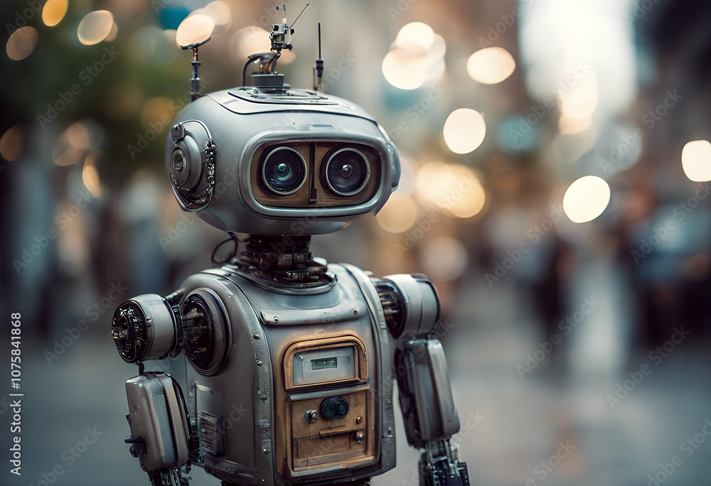 Poster tech cute computer vector machine modern electronic antennae support positive funny virtual bot robo