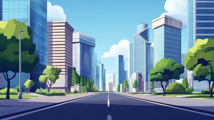 Fototapeta premium A vibrant cityscape showcasing a bustling business district street from a side view, with sleek modern skyscrapers towering overhead and busy pedestrians walking along the sidewalk. 