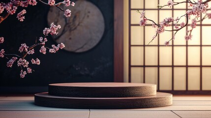 Two-Tiered Wooden Podium with Cherry Blossoms and Shoji Screen