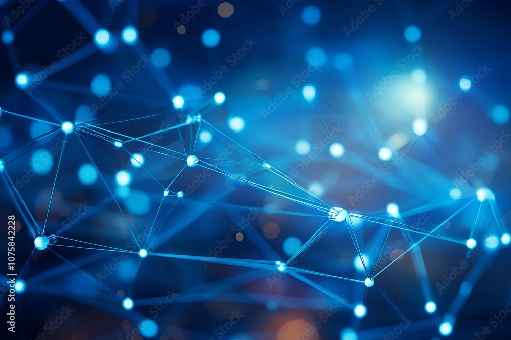 Poster exploring the intricate connections of a vibrant digital network at twilight. generative ai
