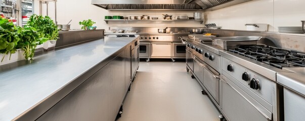 A spacious, modern kitchen featuring stainless steel appliances, large countertops, and organized storage, perfect for culinary activities.