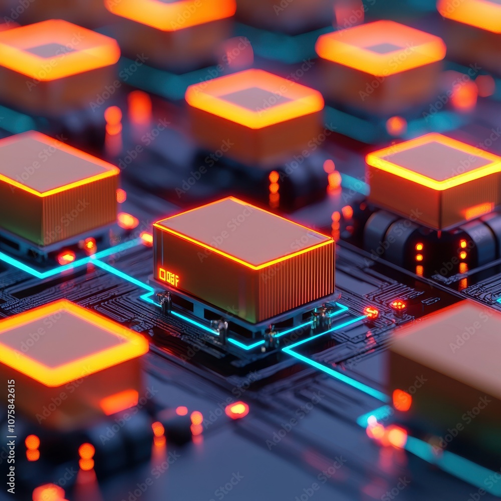 Poster a close-up view of a circuit board featuring illuminated microchips, showcasing a futuristic design 