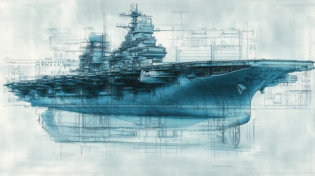 A blue and white abstract illustration of a military aircraft carrier.
