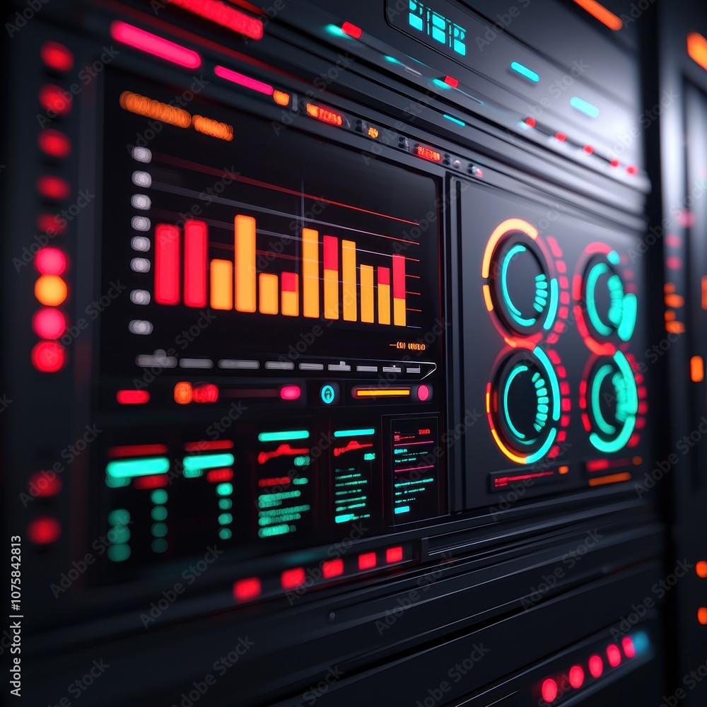 Poster a visually striking digital dashboard featuring colorful graphs, charts, and interfaces, showcasing 