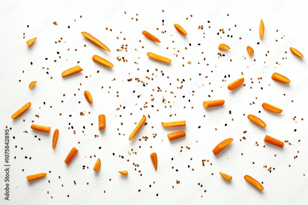 Poster colorful carrots and sesame seeds create an artistic display on a clean backdrop. generative ai