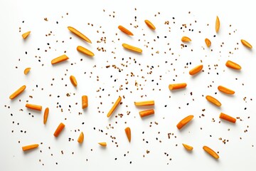 Colorful carrots and sesame seeds create an artistic display on a clean backdrop. Generative AI