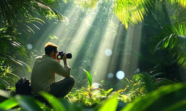 A photographer captures the beauty of a tropical rainforest, with sunlight streaming through the lush canopy.