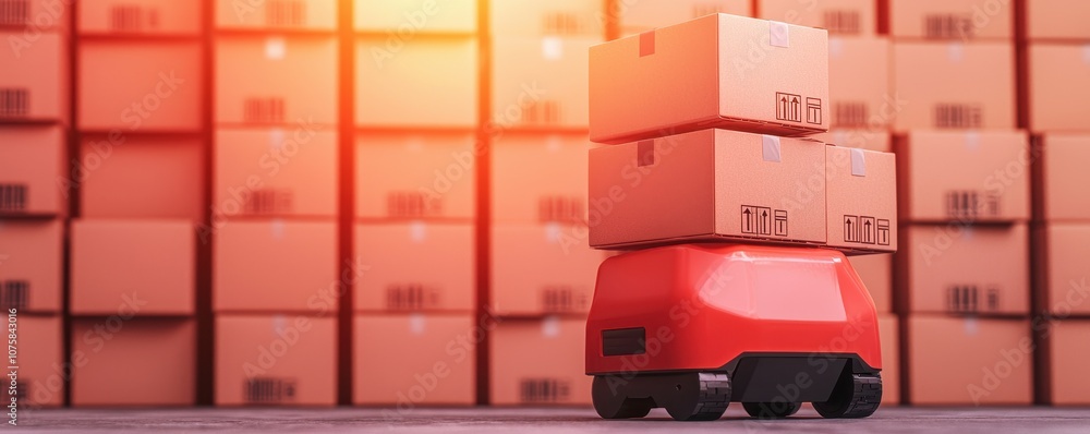 Poster a red robotic cart transporting stacked boxes in a warehouse, bathed in warm light, against a backdr