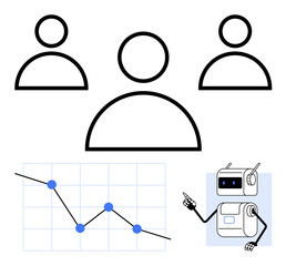 Three user icons line graph with data points, robot. Ideal for teamwork, digital analytics, AI integration, tech innovation, business strategies, productivity enhancement, modern workforce. Line