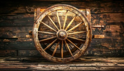 A weathered wooden wagon wheel is set against a rustic wood background.