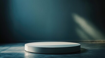 A Single White Circular Platform in a Dark Room with a Textured Wall