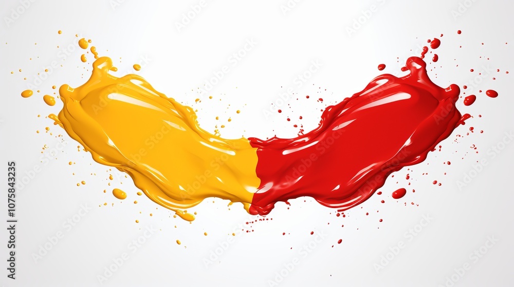 Poster dynamic splash of yellow and red paints creating artistic waves on a white background. generative ai