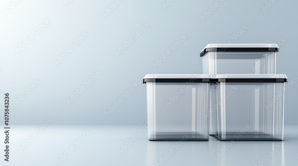 Poster three transparent storage containers with black lids are stacked on a smooth surface against a light