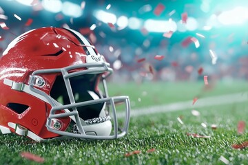 A football helmet is on a field with confetti