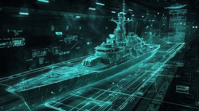A futuristic digital rendering of a warship with holographic data and wireframe overlays.