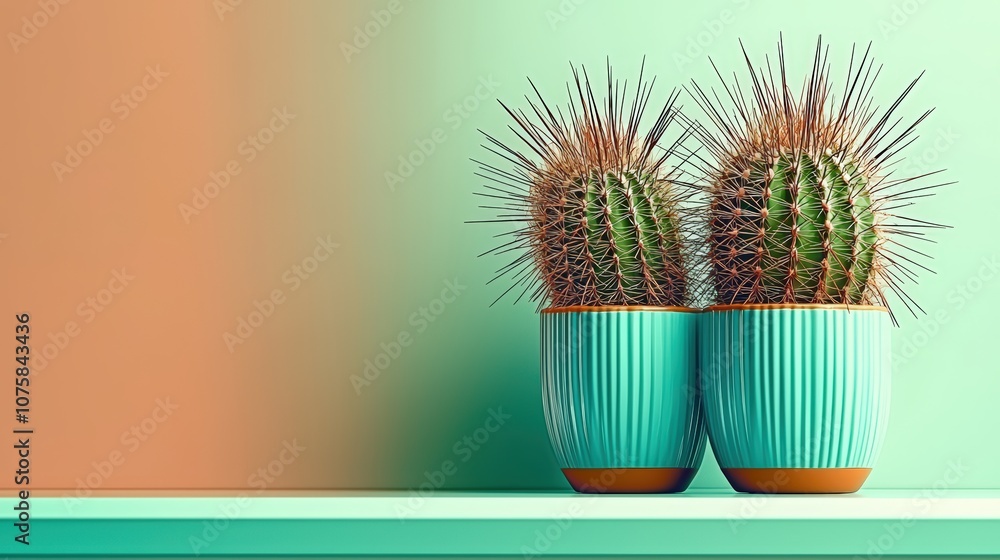 Poster two vibrant cacti in teal pots sit against a soft gradient background of orange and mint, adding a m