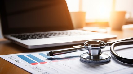 A stethoscope, laptop, and reports on a desk at sunset in a medical office. Generative AI
